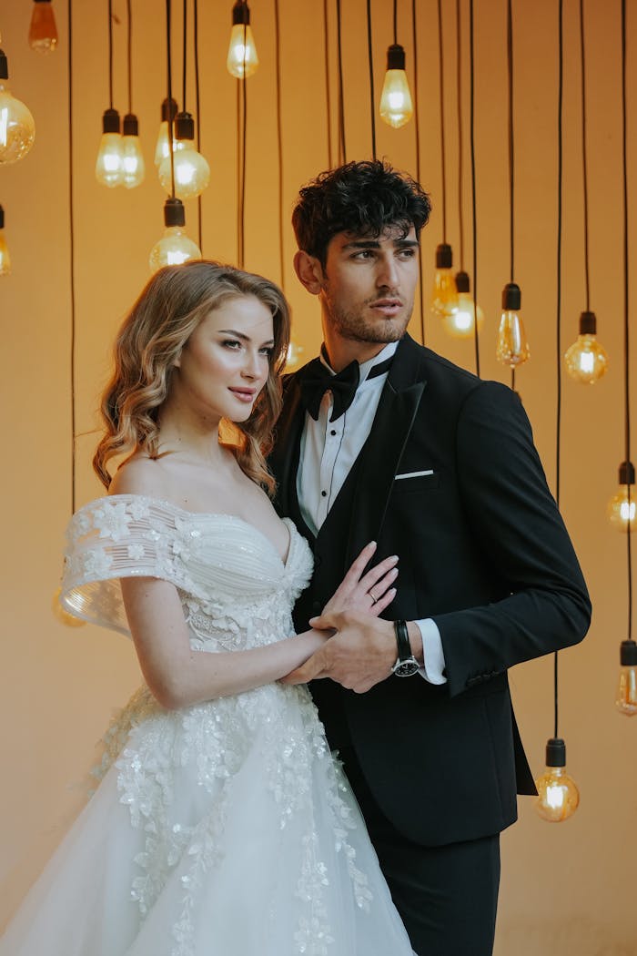 contact-img Bride and groom in elegant attire surrounded by hanging light bulbs, perfect for wedding inspiration.